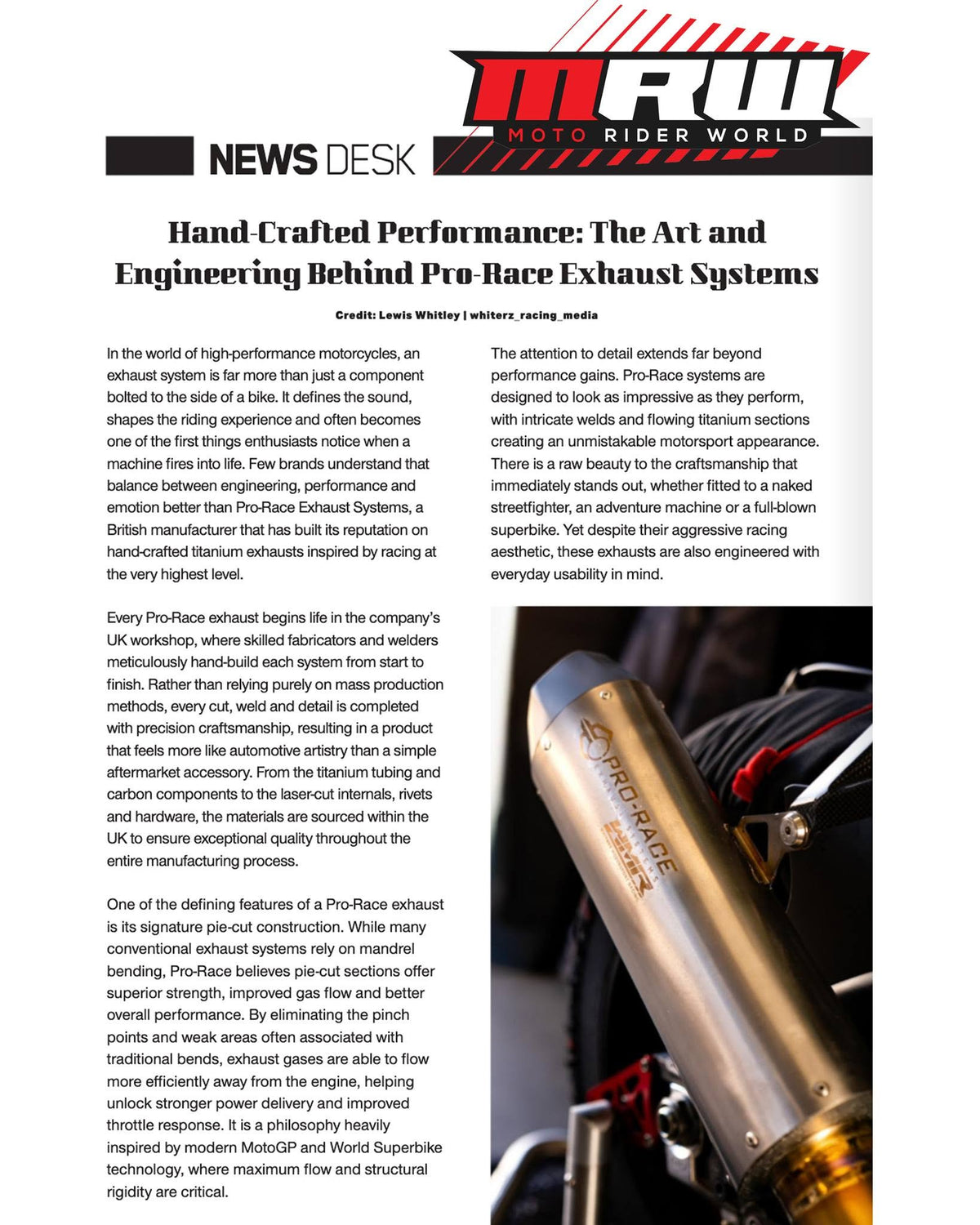 MAGAZINE FEATURE! - Moto Rider World produce full page spread about Pro-Race Exhaust Systems Ltd