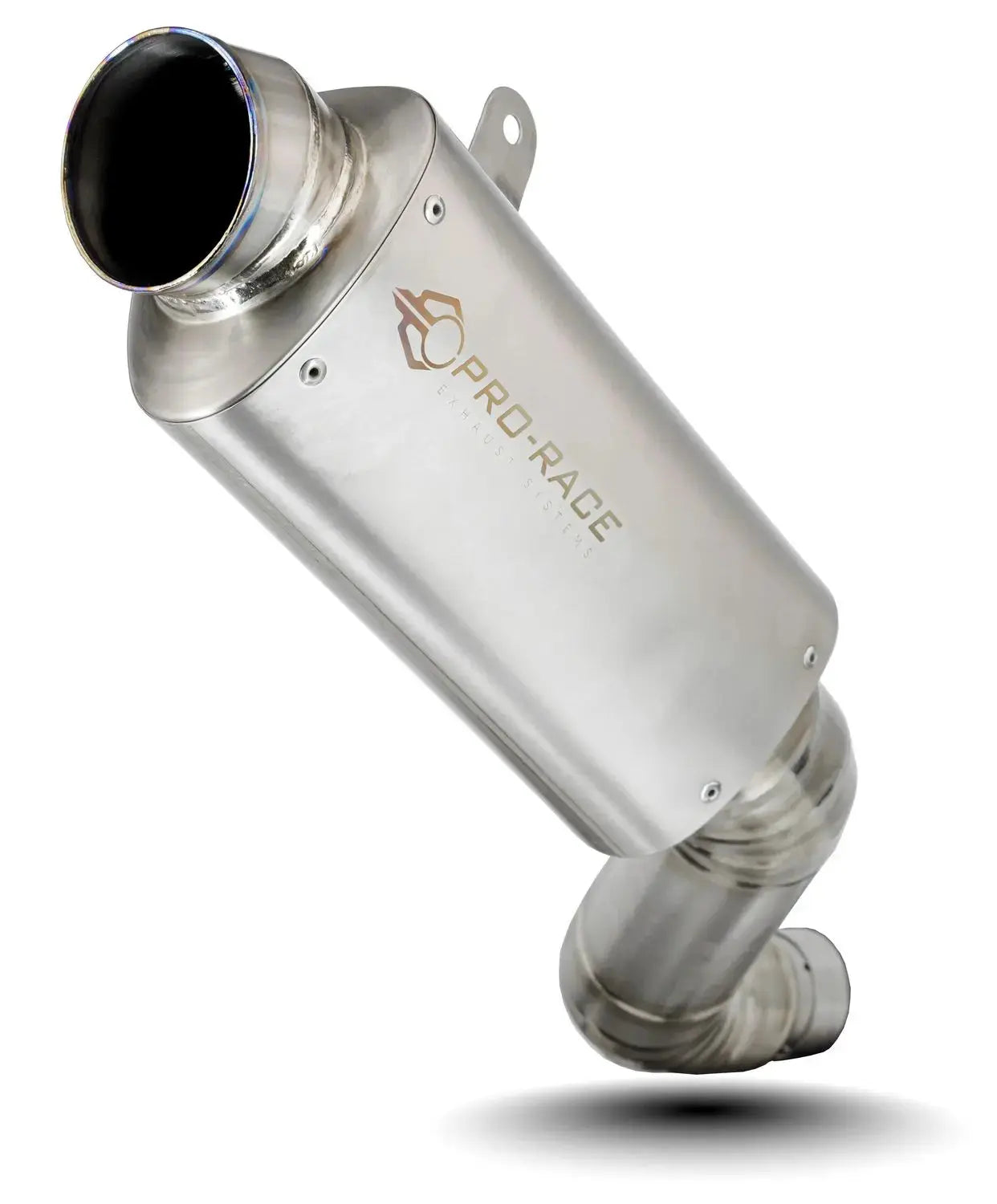 A brushed titanium exhaust muffler with a visible 'PRO-RACE' logo, shown at an angle on a white background with a soft drop shadow.