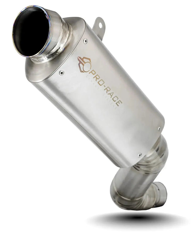 A brushed titanium exhaust muffler with a visible 'PRO-RACE' logo, shown at an angle on a white background with a soft drop shadow.