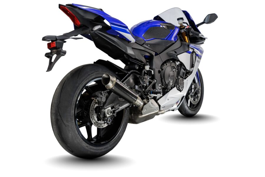 Stylish blue motorcycle on white background, featuring Prorace GP-R1L titanium exhaust with carbon fibre sleeve for Yamaha R1 2015-22.