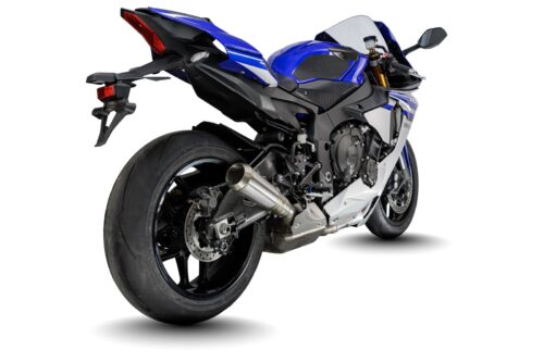 Stylish blue motorcycle on white background, featuring Prorace GP-RC1 titanium exhaust for Yamaha R1 2015-22.